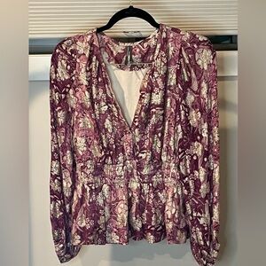 Anthropologie Somerset Chiffon Blouse – Burgundy Floral Peplum Long Sleeve Top